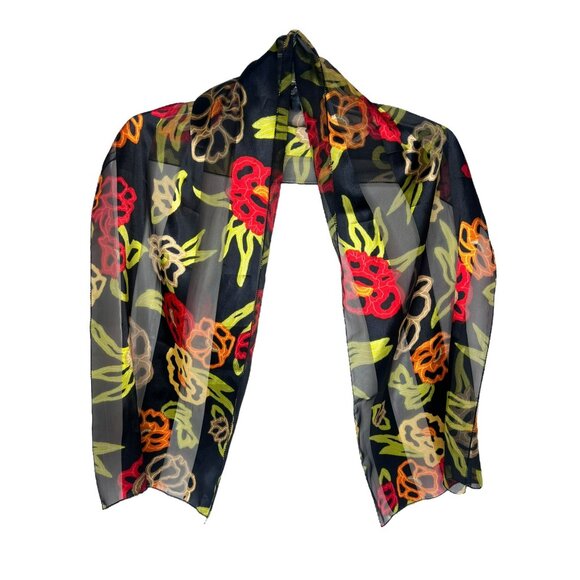 Black Vibrant Colors Floral Wrap Scarf Silk 60 in - Picture 3 of 4
